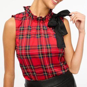 J Crew Tartan Bow-neck Top With Ruffles